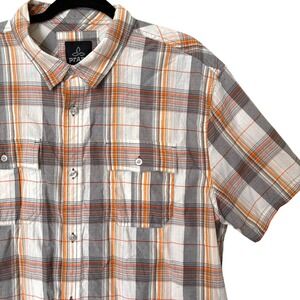 prAna Mens XL Short Sleeve Button Down Shirt Orange Grey Plaid Gorpcore Hiking